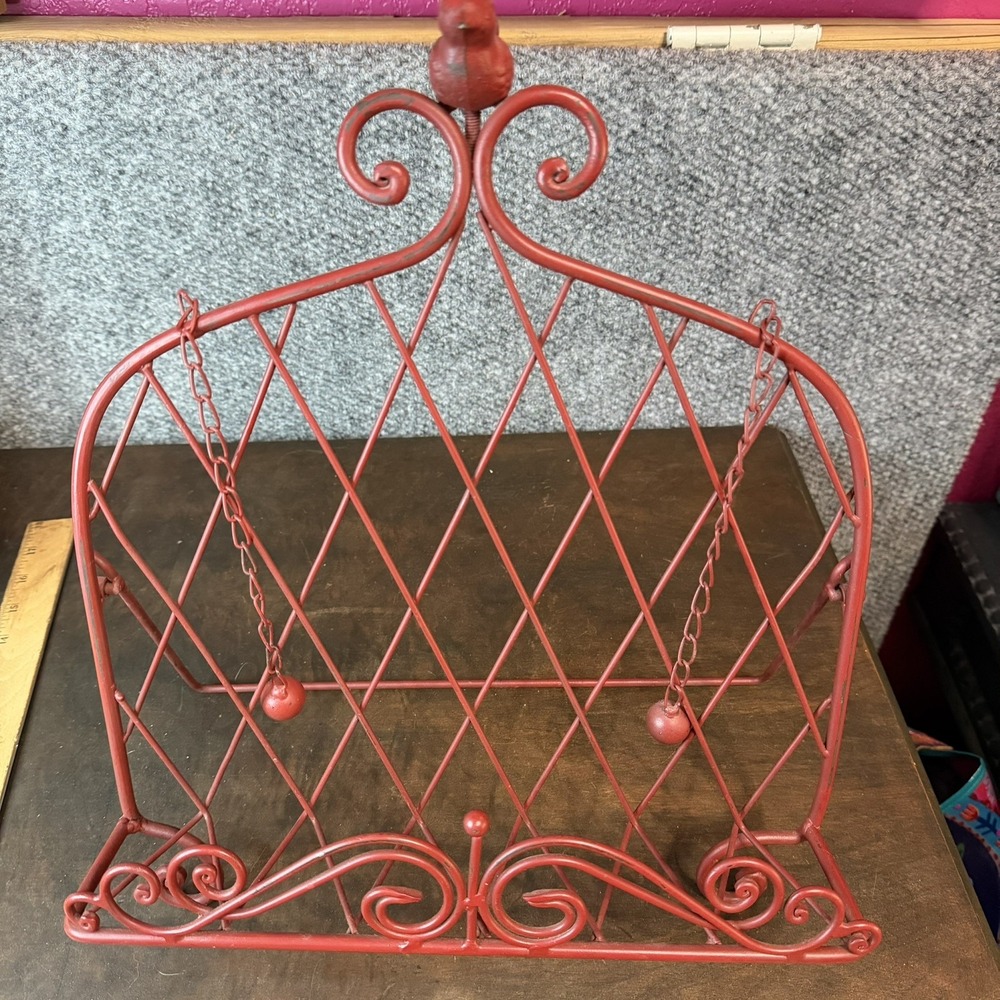 Red Shabby Chic Table Top Metal Wrought Iron Cookbook Stand Easel W/ Bird 13x16